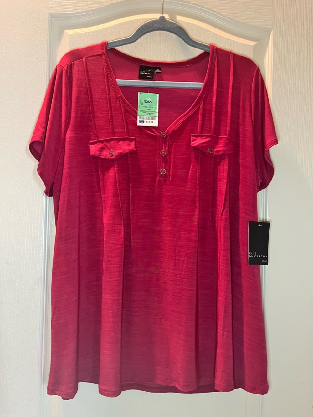 Women's Short Sleeve Red Henley Tunic Top